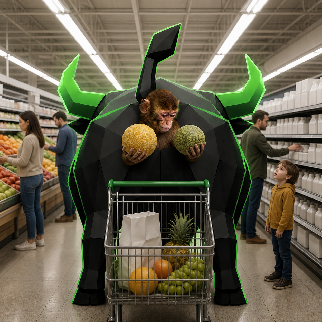 The neon bull and ape pushing a cart of fruit down the grocery aisle