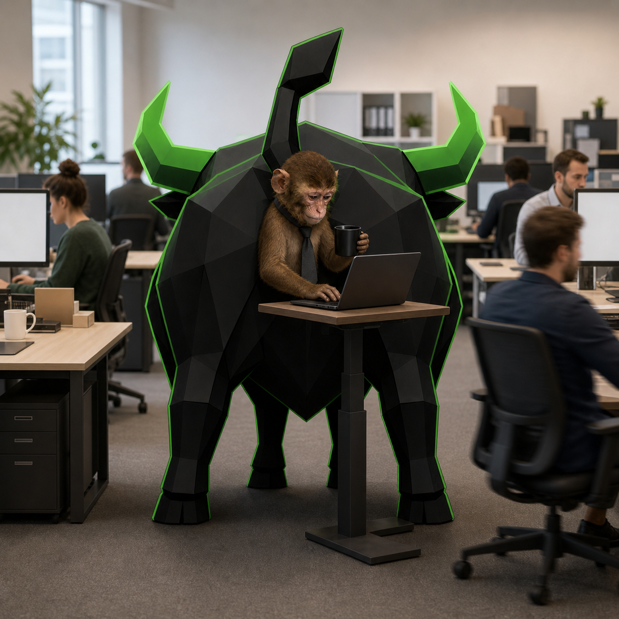 The neon bull and ape grinding on a laptop with coffee at the office